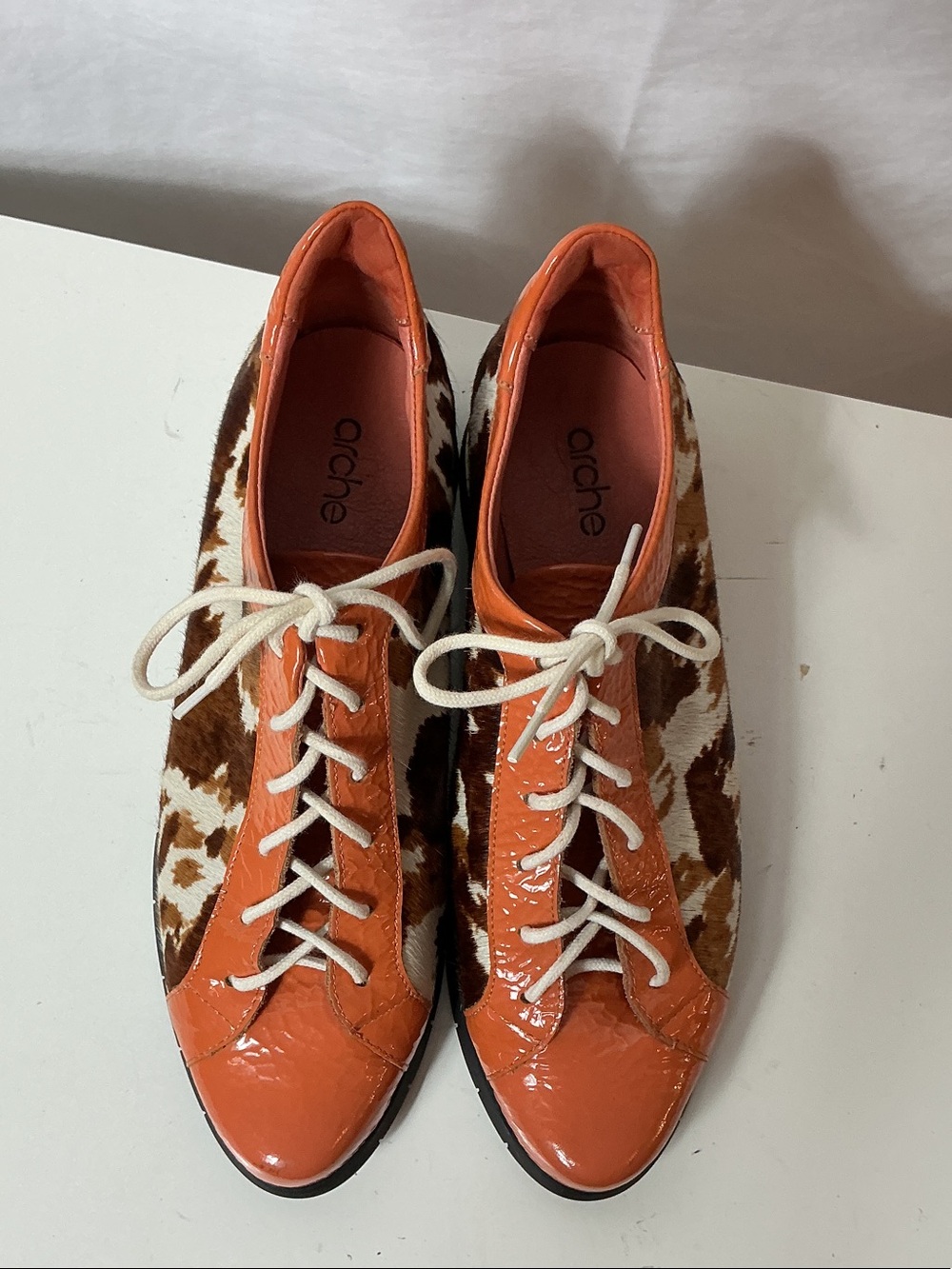 Arche Sitwo Orange Patent Leather & Brown Cowhide Lace-Up Shoes